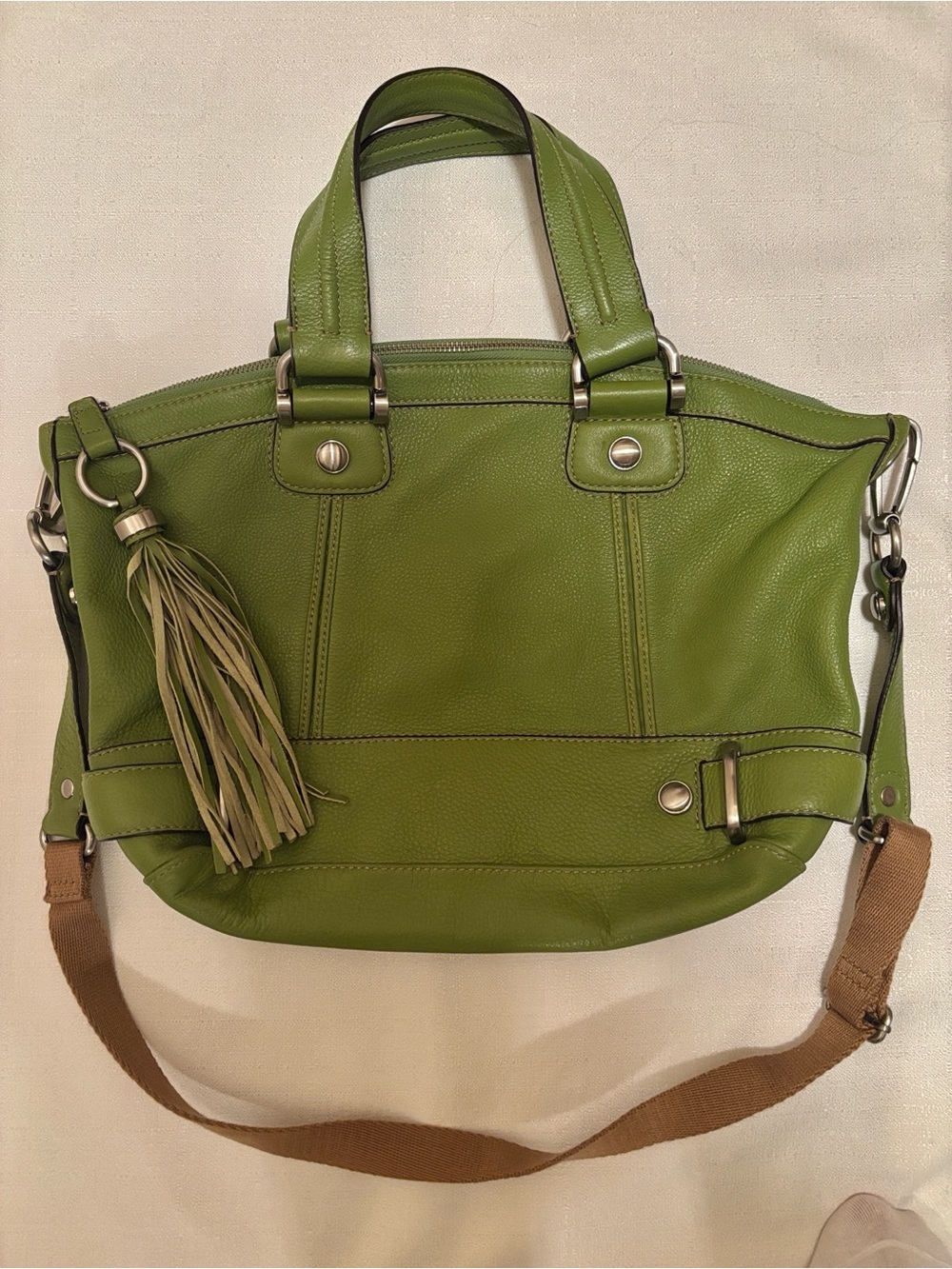 b. makowsky Olive Green Leather Shoulder Tote with Tassel